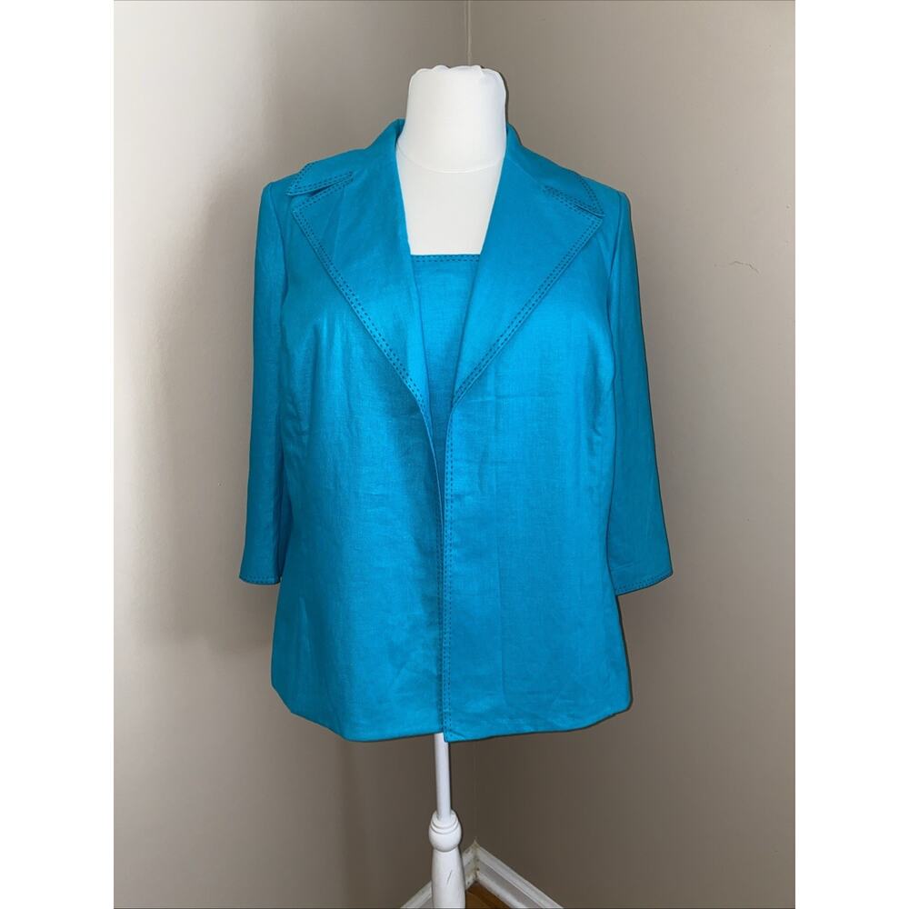 Kasper Turquoise Blue Linen 2 Pc 3/4 Sleeve Open Blazer & Tank Plus Size 18W